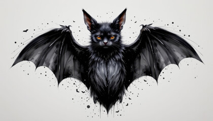a whimsical, black watercolor illustration of a bat, wings outstretched in flight, isolated on a crisp white background.