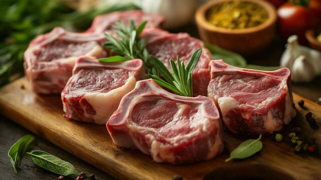 Fresh uncooked lamb chops arranged on a wooden board with herbs, spices, and garlic ready for preparation.