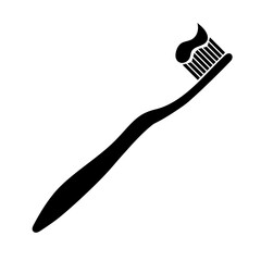 Toothbrush with Toothpaste Silhouette Vector Illustration. A black and white silhouette vector illustration of a toothbrush with a blob of toothpaste on the bristles.