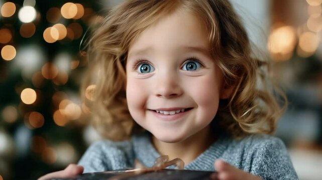 A joyful young child with wide eyes holds a gift box, surrounded by warm bokeh lights and a festive Christmas atmosphere.