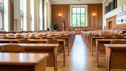 Empty hall with wooden desks and chairs interior design for education or legal