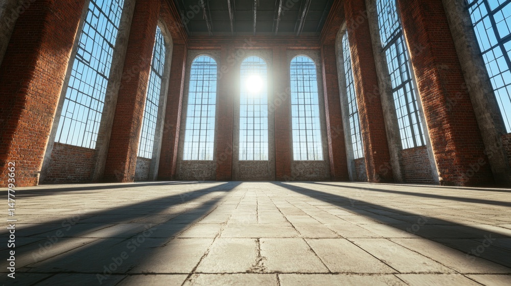 Poster empty hall with natural light streaming through arched windows brick and tile architecture