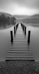 Fototapeta premium Black-and-White Wooden Jetty Over Lake on Misty Morning