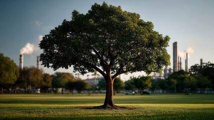 Peaceful solitary tree standing in industrial park landscape