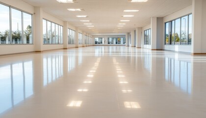 Fototapeta premium Empty hallway with natural light and reflective floor in modern interior