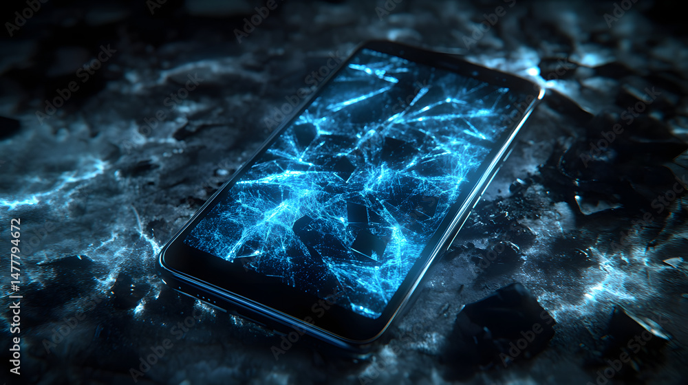 Poster digital fracture: a smartphone rests on a textured surface, its screen displaying a luminous, fractu