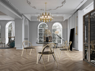 luxury home interior living room, dining room. 3d render.