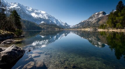 Fototapeta premium Mountain Lake Reflection: Breathtaking view of a serene lake nestled amidst towering mountains, their snow-capped peaks mirroring perfectly in the crystal-clear water, and lush greenery.