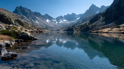Fototapeta premium Serene Mountain Lake: A tranquil vista unfolds, showcasing a crystal-clear lake mirroring towering, snow-dusted mountain peaks beneath a cloudless azure sky.