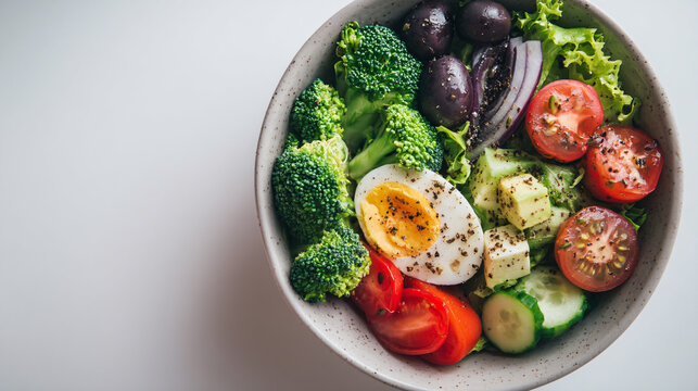 Healthy Salad Bowl with Broccoli, Boiled Egg, Olives, and Tomatoes - Powered by Adobe