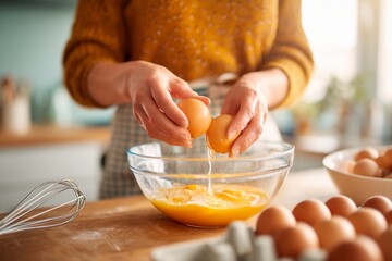 A woman is cracking fresh eggs into a glass bowl, ready to mix ingredients. The sunny kitchen has...