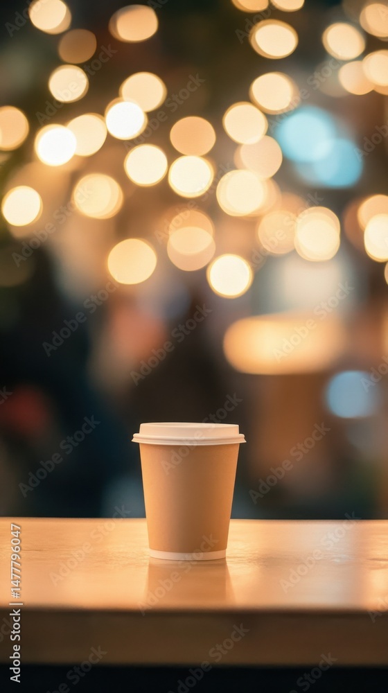 Poster close up of a coffee cup on a table with bokeh lights in the background in a warm and inviting cafe 
