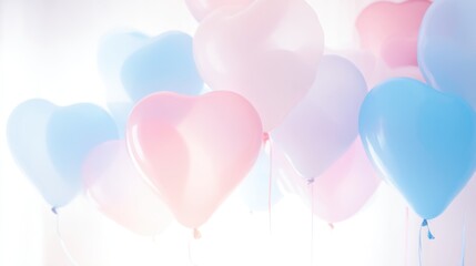 Heart-shaped balloons in pastel colors floating gently against a soft white background for celebrations, events, or party decorations and joyful occasions