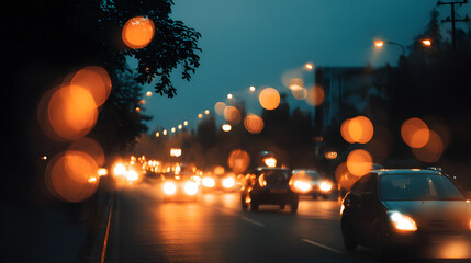 Rainy Night Cityscape: A mesmerizing view of a city street at night, with rain creating a dreamy effect on the shimmering streetlights and passing vehicles.