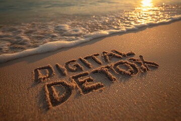 Digital detox concept, words written on the sand of beach, Rest from social media gadget and internet, generative ai