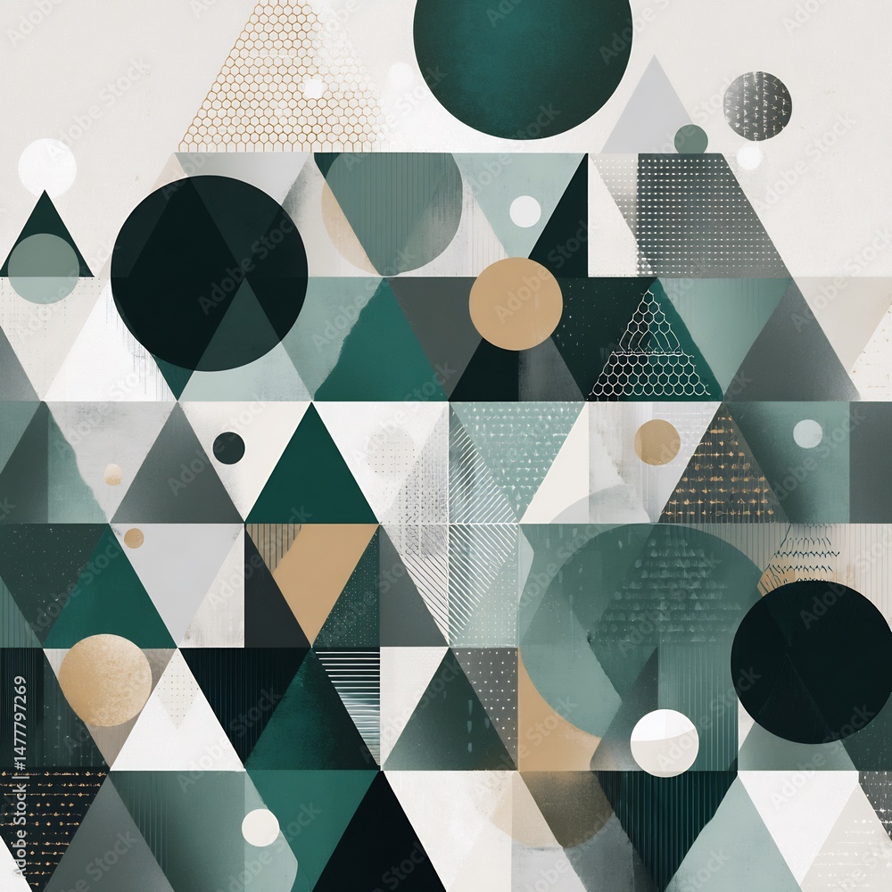 Poster emerald and gold geometric abstraction with layered shapes creating depth illusion