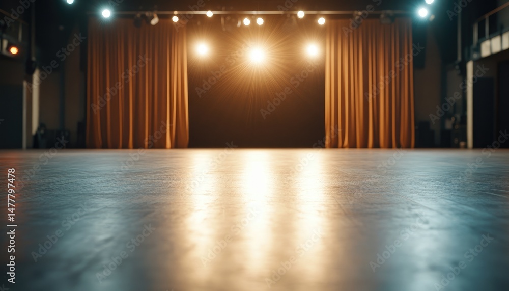 Poster empty stage with lit curtains for performance or presentation background
