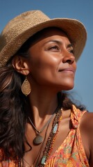 Peaceful woman enjoying sunshine in straw hat outdoors