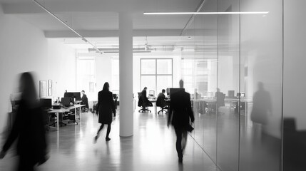Business People Walking in Modern Office Building Interior Black and White Low Angle View Workplace