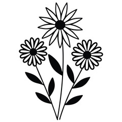 Fototapeta premium Black and white floral vector illustration of three daisies with leaves on a white background