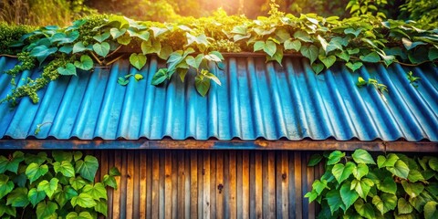 Lush Greenery Cascading Over a Rustic Blue Corrugated Metal Roof and Weathered Wooden Wall, Bathed in Golden Sunlight