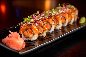 A beautifully arranged sushi platter features salmon rolls topped with sesame seeds and...