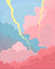 Obraz premium Stormy Sky: A vibrant abstract illustration captures the intensity of a stormy sky, with bolts of lightning streaking through layers of pink, blue, and grey clouds.