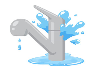 キッチンの水道が故障して水漏れしたイラスト