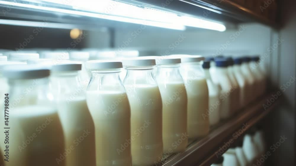 Poster a shelf filled with various sizes and types of milk bottles