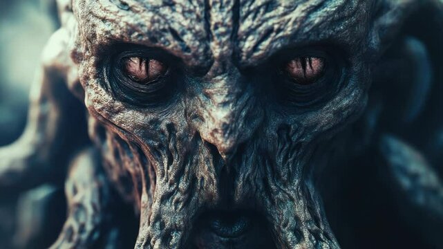 Close-up view of a mysterious, eerie creature's face with unsettling facial expressions