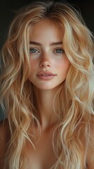 Fototapeta premium Blonde woman adjusting hair with smile