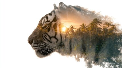 Tiger face overlaying tropical forest at sunset, double exposure effect
