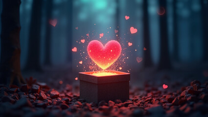 Heart glowing from gift box surrounded by hearts in forest setting  