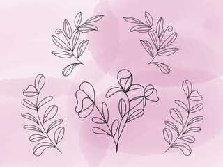 Elegant Minimalist Line Art Floral Design Elements on Pink Watercolor Background for Wedding Invitations or Branding