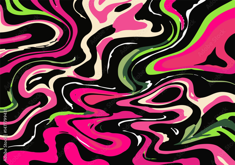 Aufkleber vector illustration features an abstract pattern with flowing, wavy shapes in neon pink, green, and 