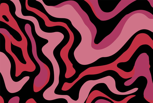 Vector illustration features bold, wavy black zebra-like stripes on a pink background, creating an abstract, modern, and playful design perfect for textiles, wallpapers, or creative projects.