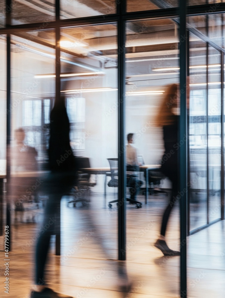 Poster blurred motion of people walking in modern office space with glass walls and natural light creating 