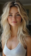 Fototapeta premium Young woman with blonde curls and a bright smile