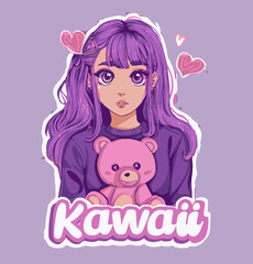 Cute anime-style girl with long purple hair holding a pink teddy bear, surrounded by hearts and the word 