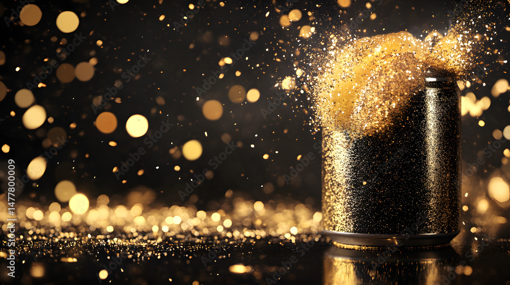 Poster exploding fizz: golden liquid explodes from an aluminum can against a dark background sprinkled with