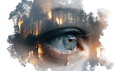 Crying eye reflecting burning forest expressing sadness and worry for the planet