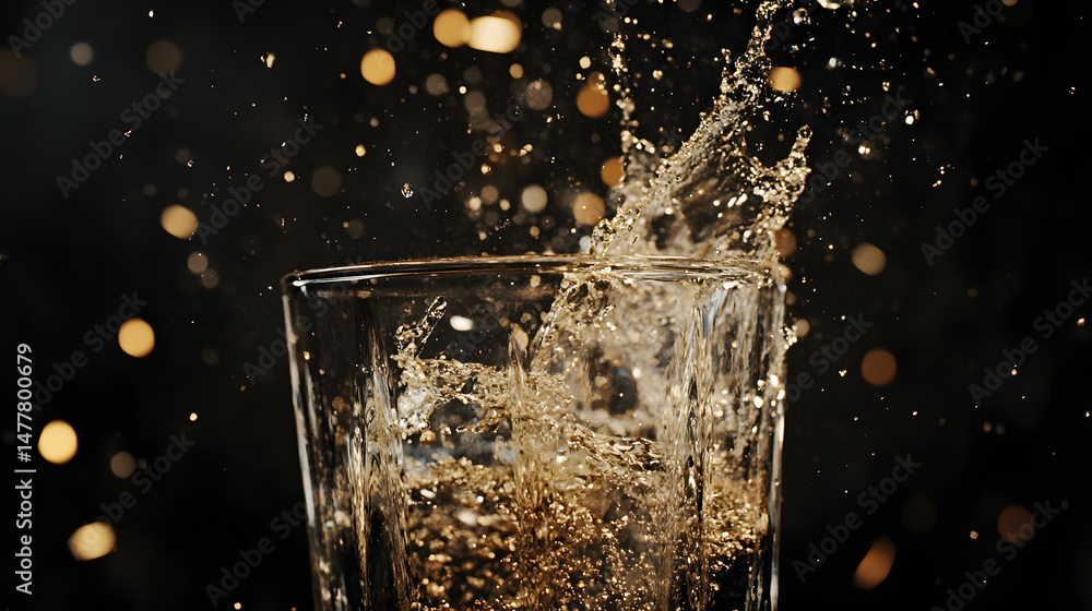Poster splashing drink in glass: a captivating capture showcasing the dynamic energy of a drink splashing e