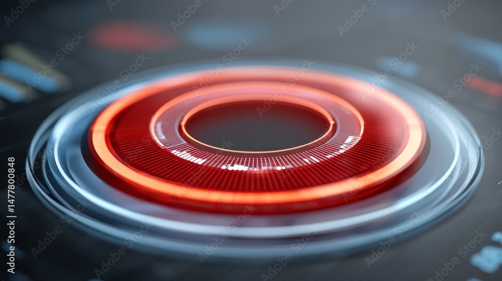 Aufkleber close-up view of a futuristic interface featuring glowing circular display with red accents