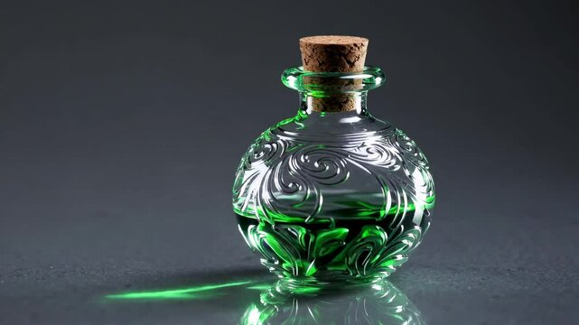 Illuminating green potion in ornate glass bottle with subtle reflections