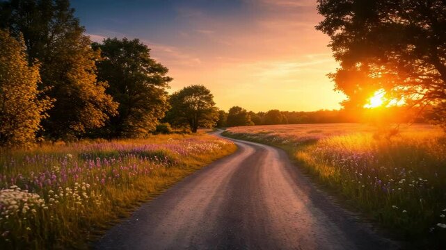Country road sunset with wildflowers