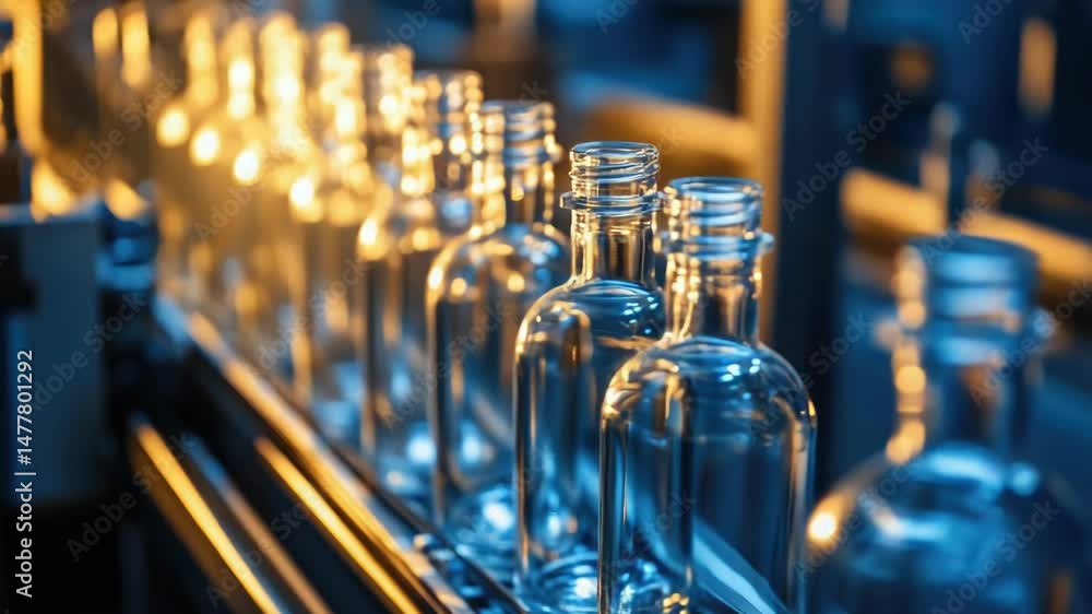 Poster empty glass bottles on a production line