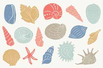 Set of colorful hand drawn seashells. Beautiful Rapana seashells, Starfish, ocean mollusks, vintage marine silhouettes. Summer coastal design elements for banners, prints, posters, cards, tshirt