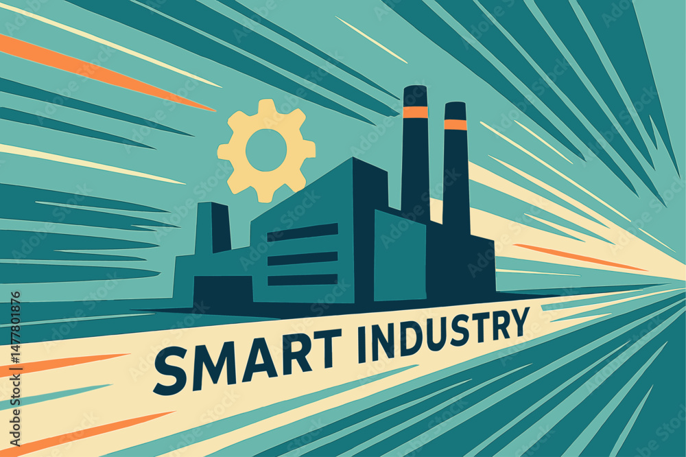Poster the concept of a smart industry is represented through abstract visuals of high-speed technology wit