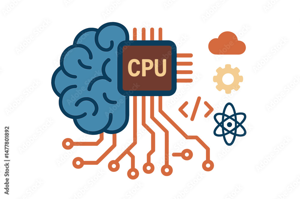 Poster the concept of thinking is intertwined with a background that features brain cpu, mind series techno