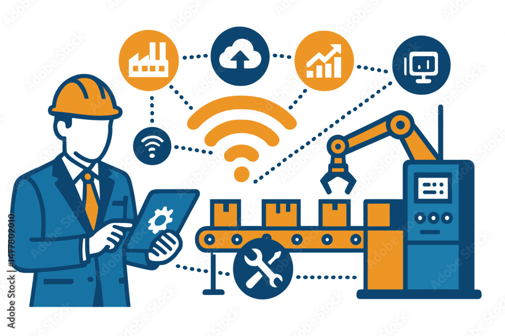 Poster the concept of a smart factory, which incorporates engineering technology and industry is represente